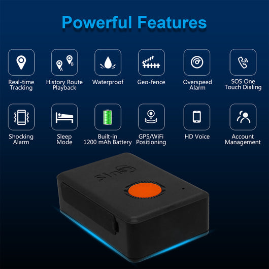 Sinotrack GPS tracker kit with black device, orange button, white charging cable, lanyard, pouch, and box. - Image 2