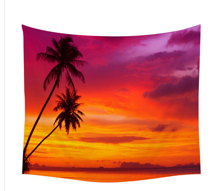Vibrant tapestry featuring a tropical beach sunset with silhouetted palm trees against an orange, red, and purple sky.