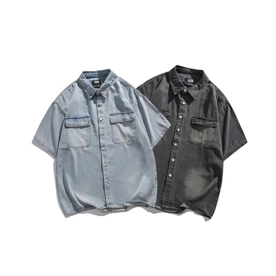 Camisa Denim Retro Estilo Japonés Manga Corta para Hombre - Image 5