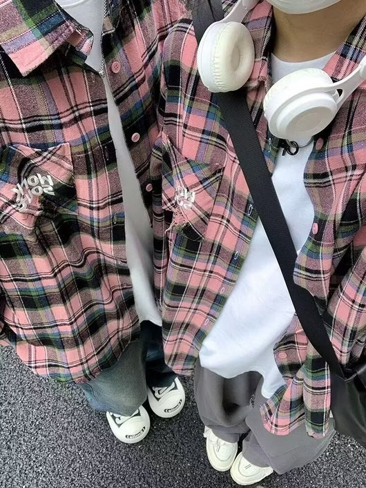 Camisa Vintage Tie-dye Cuadros Manga Larga Estilo Japonés para Hombre Otoño - Image 12
