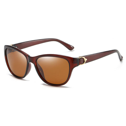 Brown plastic frame sunglasses with brown polarized lenses and gold-tone accents on the temples. - Image 5