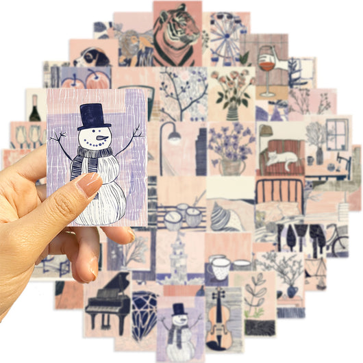 55 portable abstract art stickers in a cute cartoon style, featuring animals, objects, and scenes in pink, blue, and cream. - Image 16