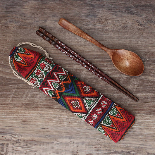 Set de Cubiertos Portátiles de Madera con Palillos y Cuchara