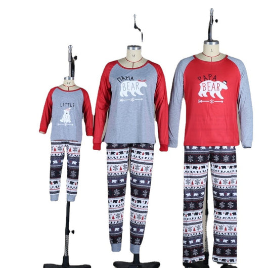 Child's Christmas pajama set with a grey 'LITTLE BEAR' top and red raglan sleeves, paired with patterned pants. - Image 9