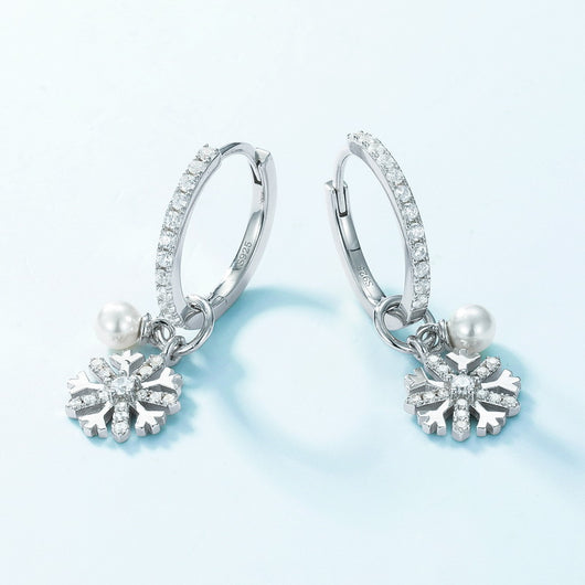 Aretes de Plata S925 con Perla y Diseño de Copo de Nieve - Image 6
