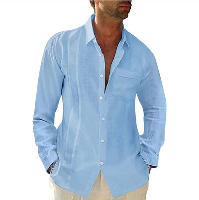 Camisa Casual de Lino y Algodón con Bolsillo en Solapa para Hombre - Image 9