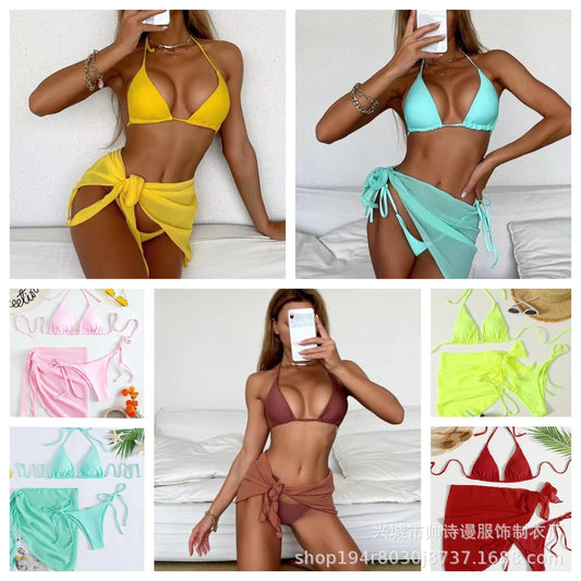Neon yellow three-piece bikini set with triangle cup lace-up top, tie-side bottom, and matching sarong, displayed with a straw hat and sunglasses. - Image 2