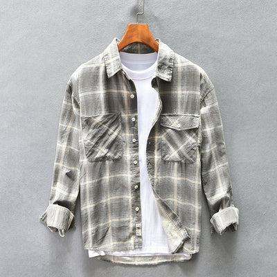 Camisa Cuadriculada de Algodón Puro para Hombre - Diseño Casual Holgado y Abrigo Reforzado - Image 6