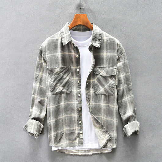Camisa Cuadriculada de Algodón Puro para Hombre - Diseño Casual Holgado y Abrigo Reforzado - Image 6