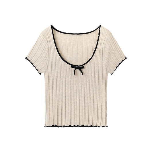 Blusa Corta Estilo Americano con Encaje y Lazo Contraste en Seda Helada - Image 5