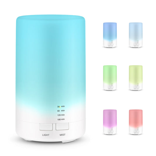 Colorful silent USB mini ultrasonic aromatherapy machine with blue, green, purple, and red light options and timer settings.