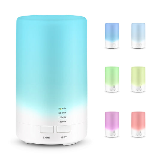 Colorful silent USB mini ultrasonic aromatherapy machine with blue, green, purple, and red light options and timer settings.