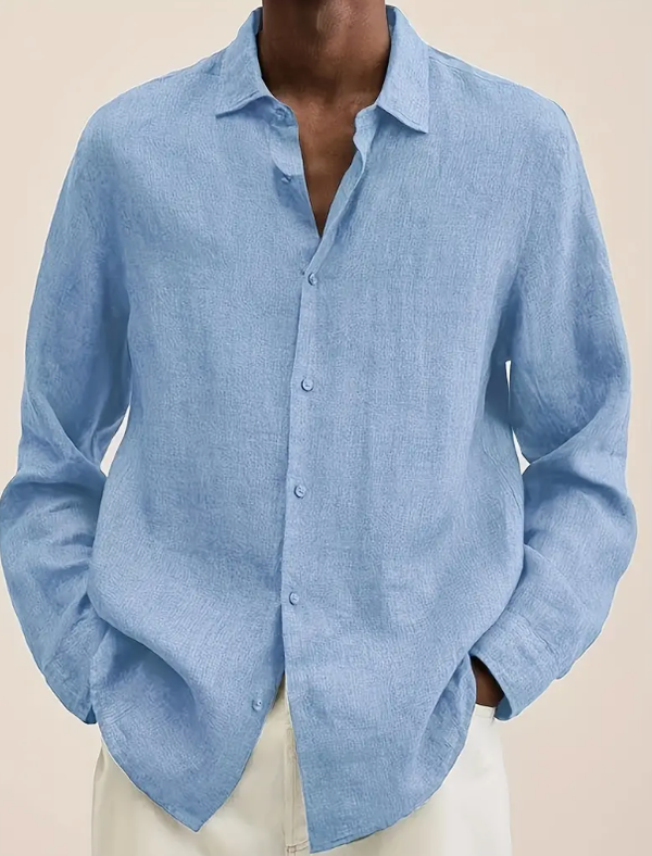 Camisa Casual de Manga Larga Color Sólido con Cuello Mao para Hombre