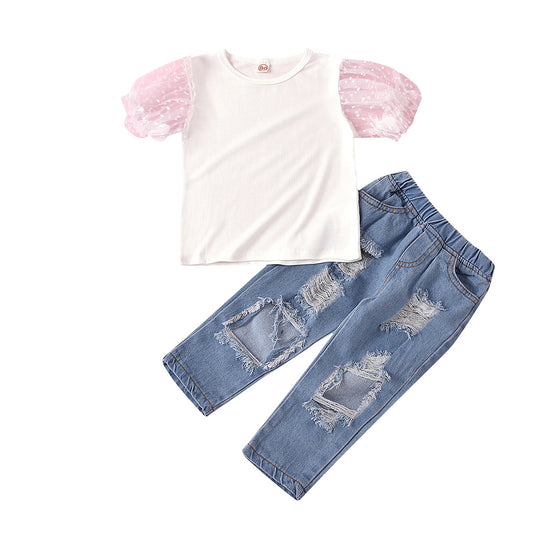 Pantalón Jeans Infantil con Top de Malla y Mangas Perforadas - Image 2