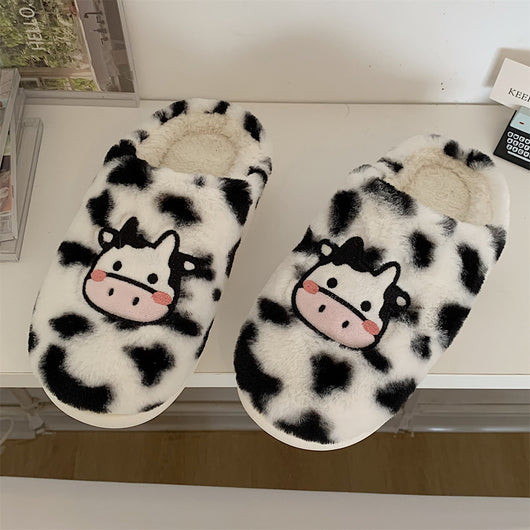 Pantuflas de Lana Cálidas con Diseño de Vaca Caricatura para Mujer