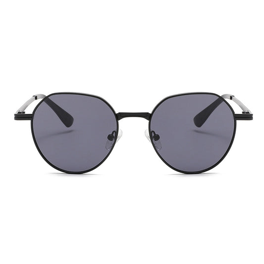 Round metal sunglasses with silver frames and dark gray lenses, featuring black temple tips, on a white background. - Image 2