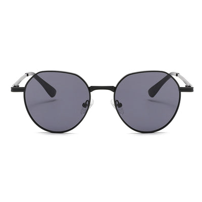 Round metal sunglasses with silver frames and dark gray lenses, featuring black temple tips, on a white background. - Image 2