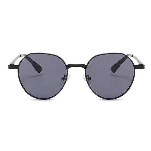 Round metal sunglasses with silver frames and dark gray lenses, featuring black temple tips, on a white background. - Image 2