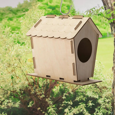 Unfinished wooden birdhouse with a scalloped roof, circular entrance, and hanging loop, ready for DIY decoration. - Image 7