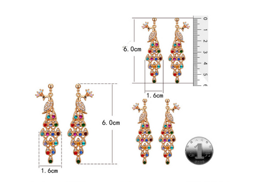 Gold tone peacock bridal jewelry set with colorful crystal accents, including a necklace, bracelet, and dangle earrings. - Image 8