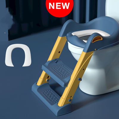 Gray and white children's toilet training seat with a two-step ladder, shown on a white adult toilet. - Image 15