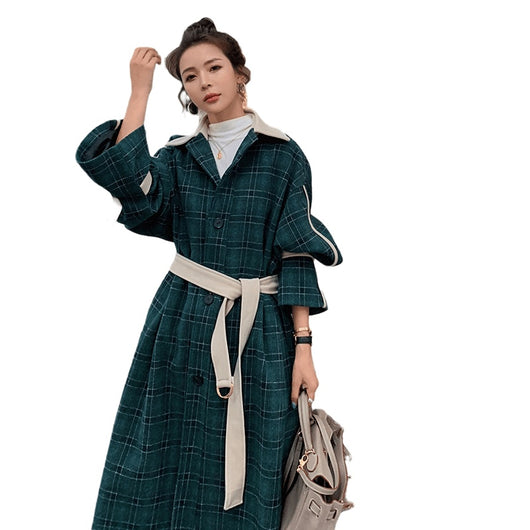 Chaqueta Larga de Lana con Cuadros Retro para Mujer - Image 5