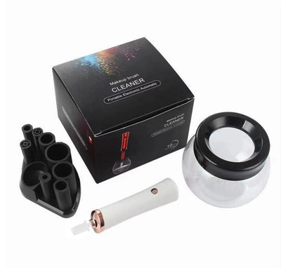 Black electric makeup brush cleaner set with a clear bowl, a handheld device, and a base with multiple brush holders. - Image 4