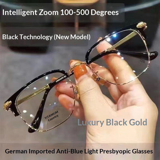 Black and gunmetal large-framed reading glasses with blue-light-blocking lenses for men.