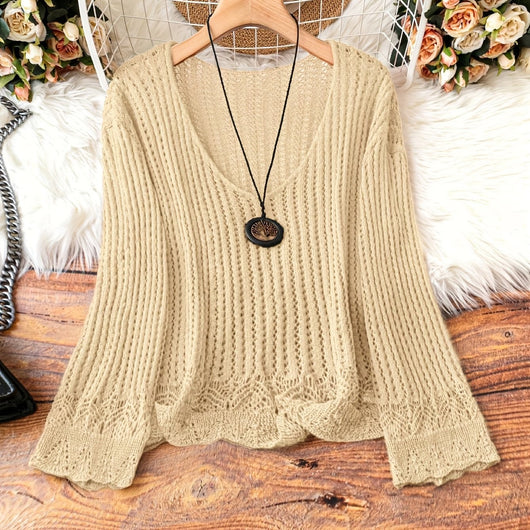 Suéter Calado Talla Grande para Mujer - Manga Larga Tejida Cuello V - Image 6