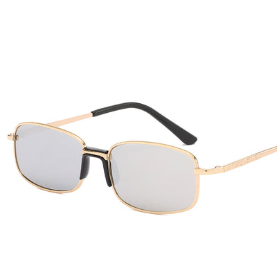 Vintage gold-colored metal frame sunglasses with light blue rectangular lenses and black temple tips. - Image 7