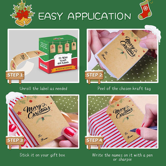 Kraft paper Christmas holiday gift sticker roll with various designs including reindeer, Christmas trees, and Merry Christmas text. - Image 12
