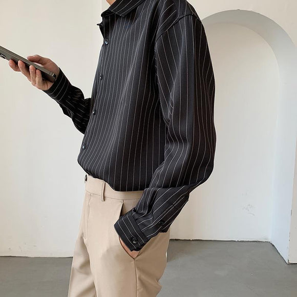 Camisa Suelta de Rayas Premium con Textura Sedosa