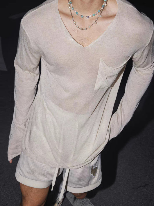 Playera Hombre Manga Larga Cuello V Efecto Transparente Hombro Caído - Image 9