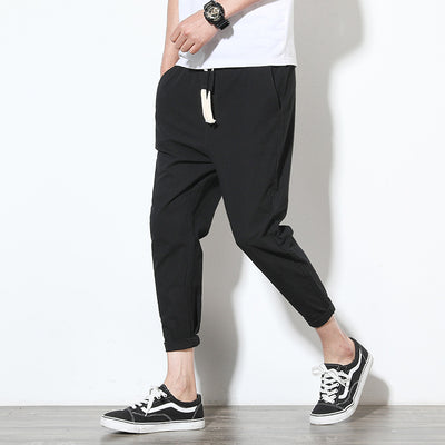 Pantalones Harem Negros de Algodón y Lino para Hombre