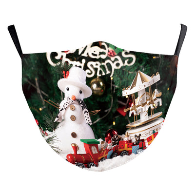Red dust mask with a cartoon reindeer peeking out, surrounded by white snowflakes and sparkling stars. - Image 4