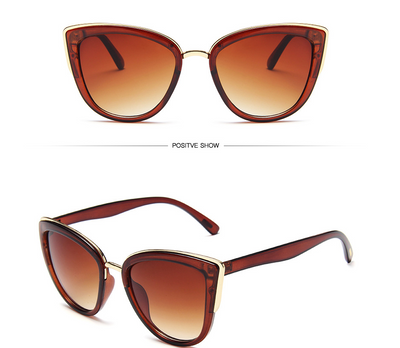 Ladies retro cat eye sunglasses with a tortoiseshell frame, gold accents, and brown gradient lenses. - Image 6