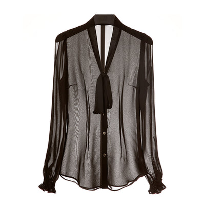 Blusa de Gasa Semitransparente con Lazo Ajustado - Estilo Elegante - Image 7
