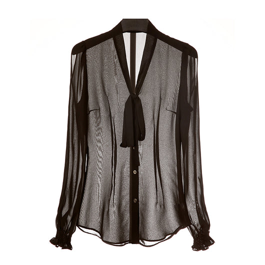 Blusa de Gasa Semitransparente con Lazo Ajustado - Estilo Elegante - Image 7