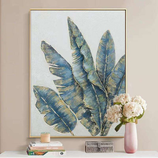 Cuadro Abstracto Hojas de Plátano Doradas y Verdes - Arte en Lienzo Pintado a Mano