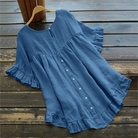 Blusa Holgada de Algodón y Lino con Volantes en Ruedo