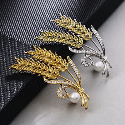Broche de Trigo en Oro Blanco y Circón Blanco