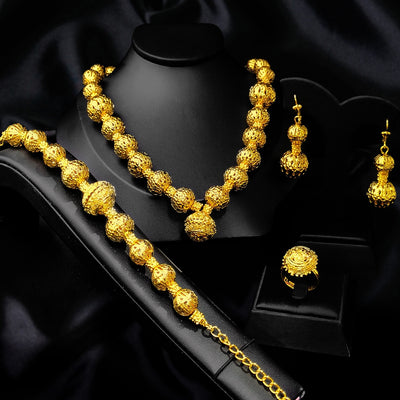 Women's four-piece jewelry set with matte gold teardrop links and white pearls, including a necklace, earrings, ring, and bracelet. - Image 4