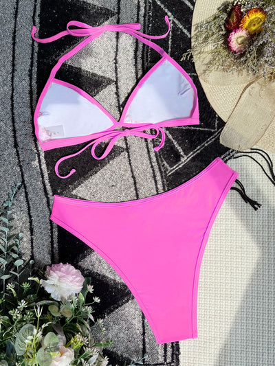 Women's hot pink and leopard print bikini with triangle top and strappy high-cut bottom, poolside. - Image 4
