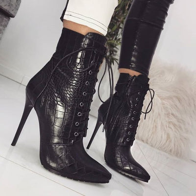 Botas Sexys de Encaje con Punta Aguda y Estampado de Serpiente