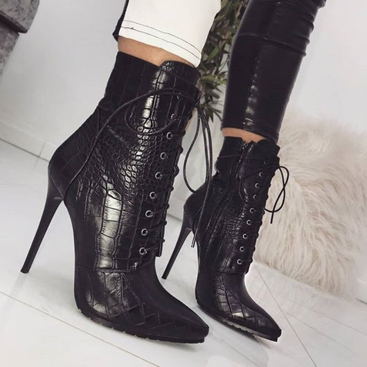 Botas Sexys de Encaje con Punta Aguda y Estampado de Serpiente