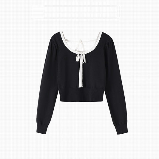 Blusa Tejida de Manga Larga a Cuadros con Moño Elegante
