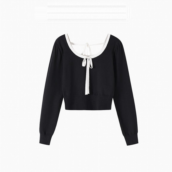 Blusa Tejida de Manga Larga a Cuadros con Moño Elegante