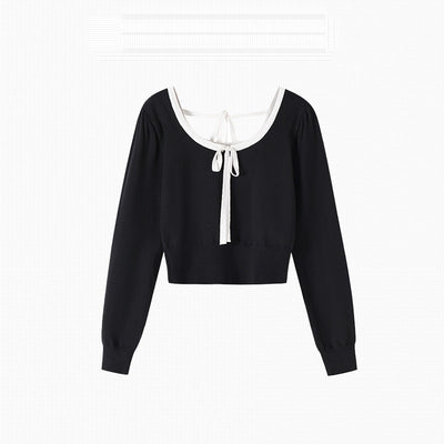 Blusa Tejida de Manga Larga a Cuadros con Moño Elegante