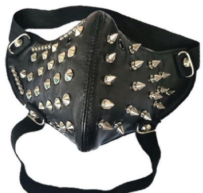 Black leather half-face mask with brass chains, spikes, and gear accents, featuring adjustable elastic straps. - Image 12