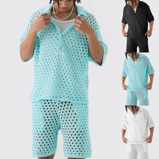 Conjunto de Polo Abotonado y Shorts en Punto Acanalado